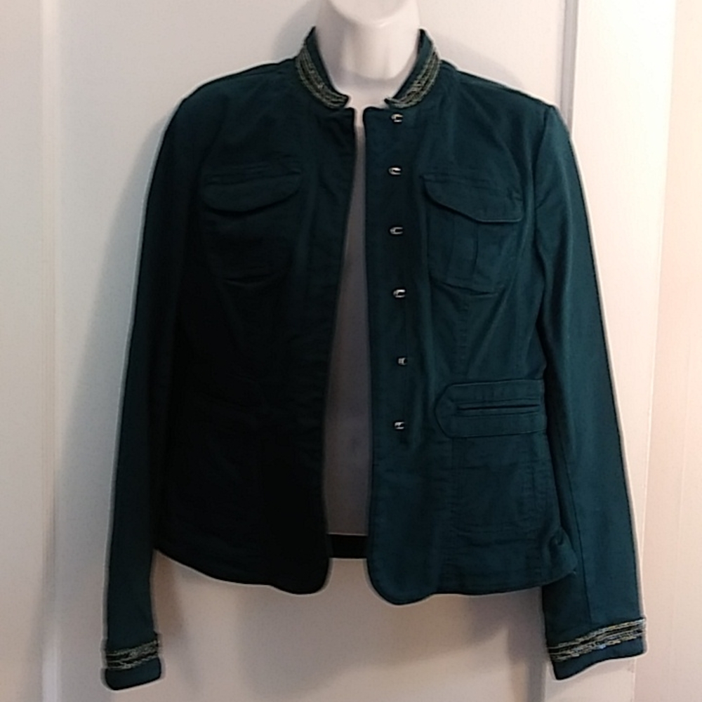 Perfect Spring Jacket! INC Teal denim beaded collar & sleeves jacket.